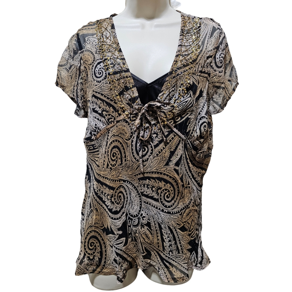 NWT Women's New York City Design Co Gold Sequin Paisley Blouse